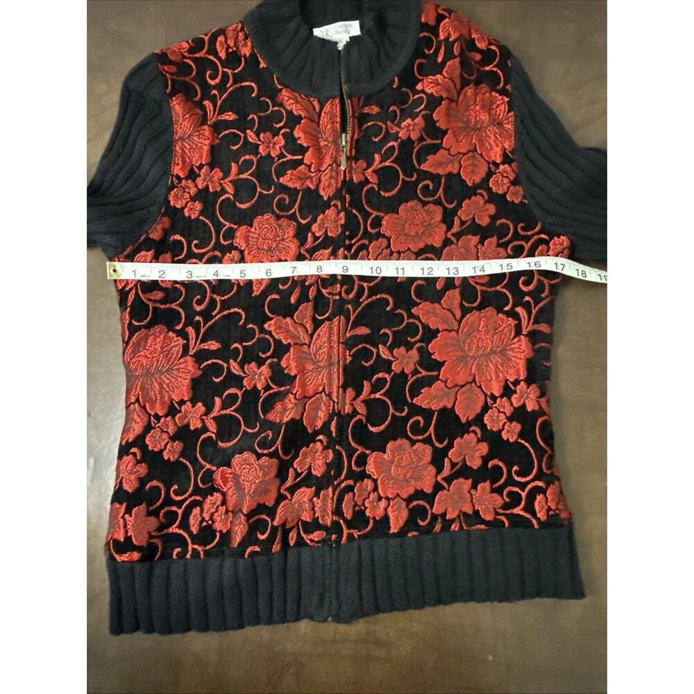 CHRISTOPHER & BANKS Black Zip Cable Sweater w/ Bright Red 